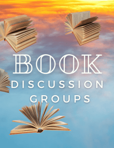 Image of floating books with the words book discussion groups