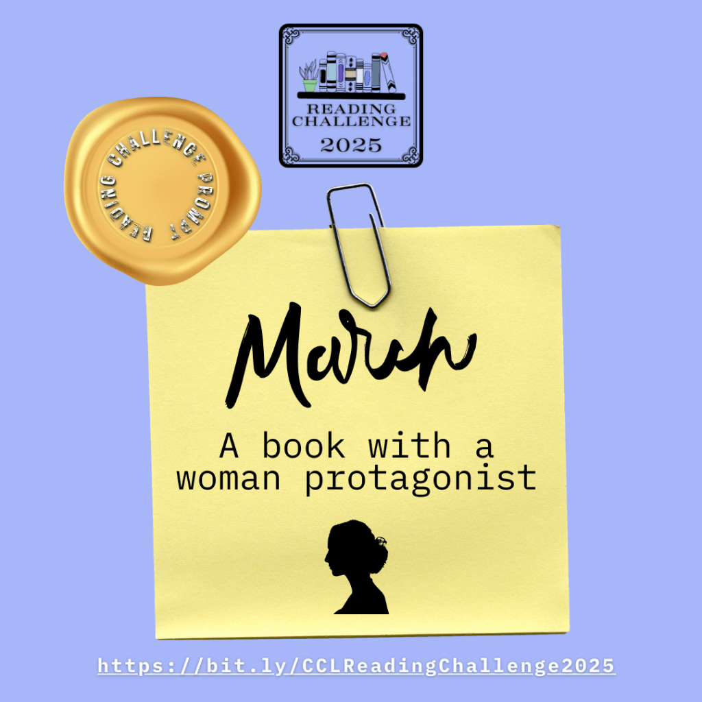 An image of a post-it on a blue background with the text "March: A book with a woman protagonist" written on it along with a silhouette in profile of a woman.