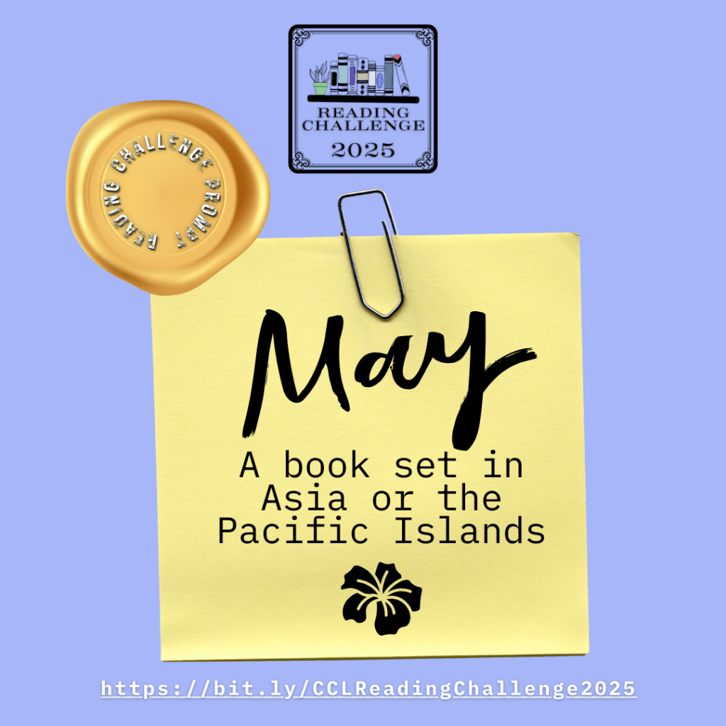 An image of a post-it on a blue background with the text "May: A book set in Asia or the Pacific Islands" written on it along with a silhouette of a hibiscus flower.