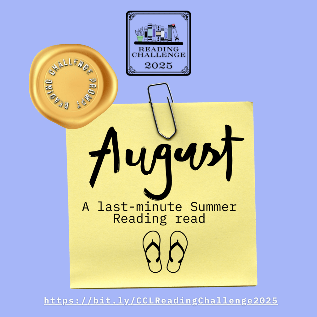 An image of a post-it on a blue background with the text "August: A last-minute Summer Reading read" written on it along with the image of a pair of flip-flops.
