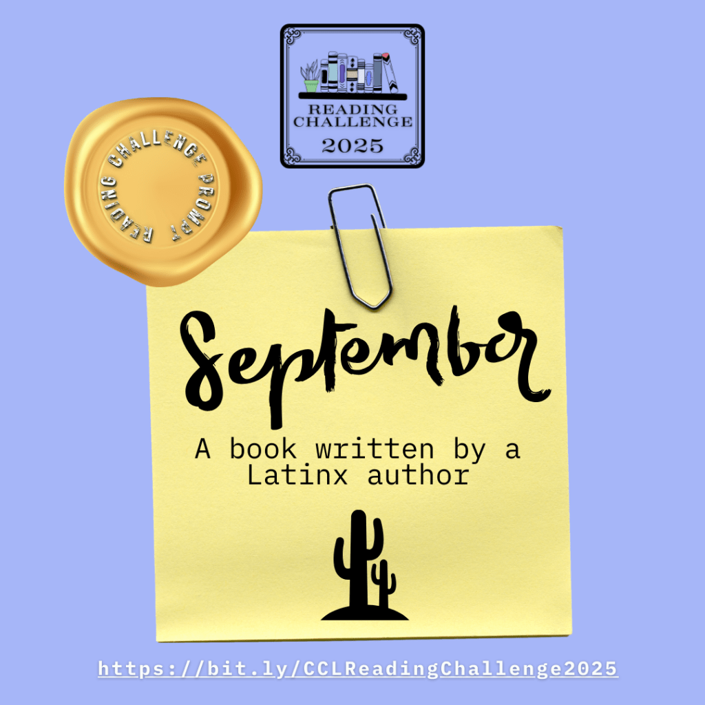 An image of a post-it on a blue background with the text "September: A book written by a Latinx author" written on it along with the silhouette of a cactus.