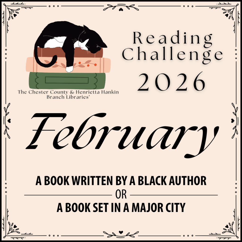 A stylized tan square with a graphic of a cat sleeping on a pile of books and the text "Reading Challenge 2026, February: A book written by a Black author OR A book set in a major city" written on it.