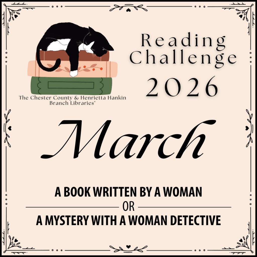 A stylized tan square with a graphic of a cat sleeping on a pile of books and the text "Reading Challenge 2026, March: A book written by a woman OR A mystery with a woman detective" written on it.