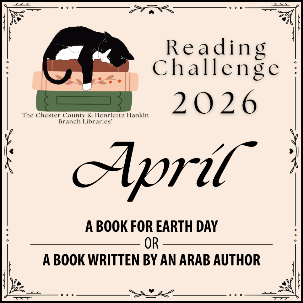 A stylized tan square with a graphic of a cat sleeping on a pile of books and the text "Reading Challenge 2026, April: A book for Earth Day OR A book written by an Arab author" written on it.