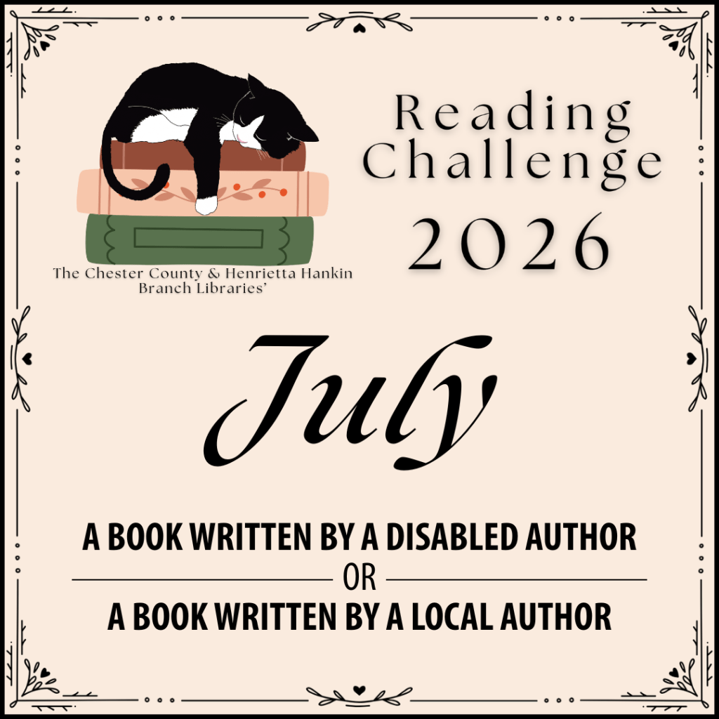 A stylized tan square with a graphic of a cat sleeping on a pile of books and the text "Reading Challenge 2026, July: A book written by a disabled author OR A book written by a local author" written on it.