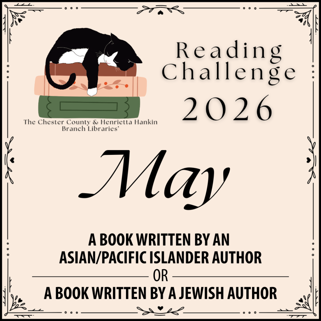 A stylized tan square with a graphic of a cat sleeping on a pile of books and the text "Reading Challenge 2026, May: A book written by an Asian/Pacific Islander author OR A book written by a Jewish author" written on it.