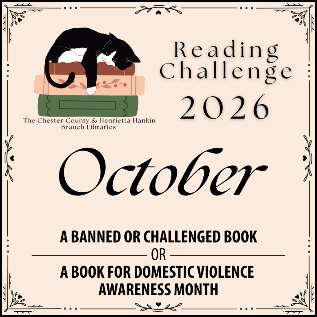 A stylized tan square with a graphic of a cat sleeping on a pile of books and the text "Reading Challenge 2026, October: A banned or challenged book OR A book for Domestic Violence Awareness Month" written on it.