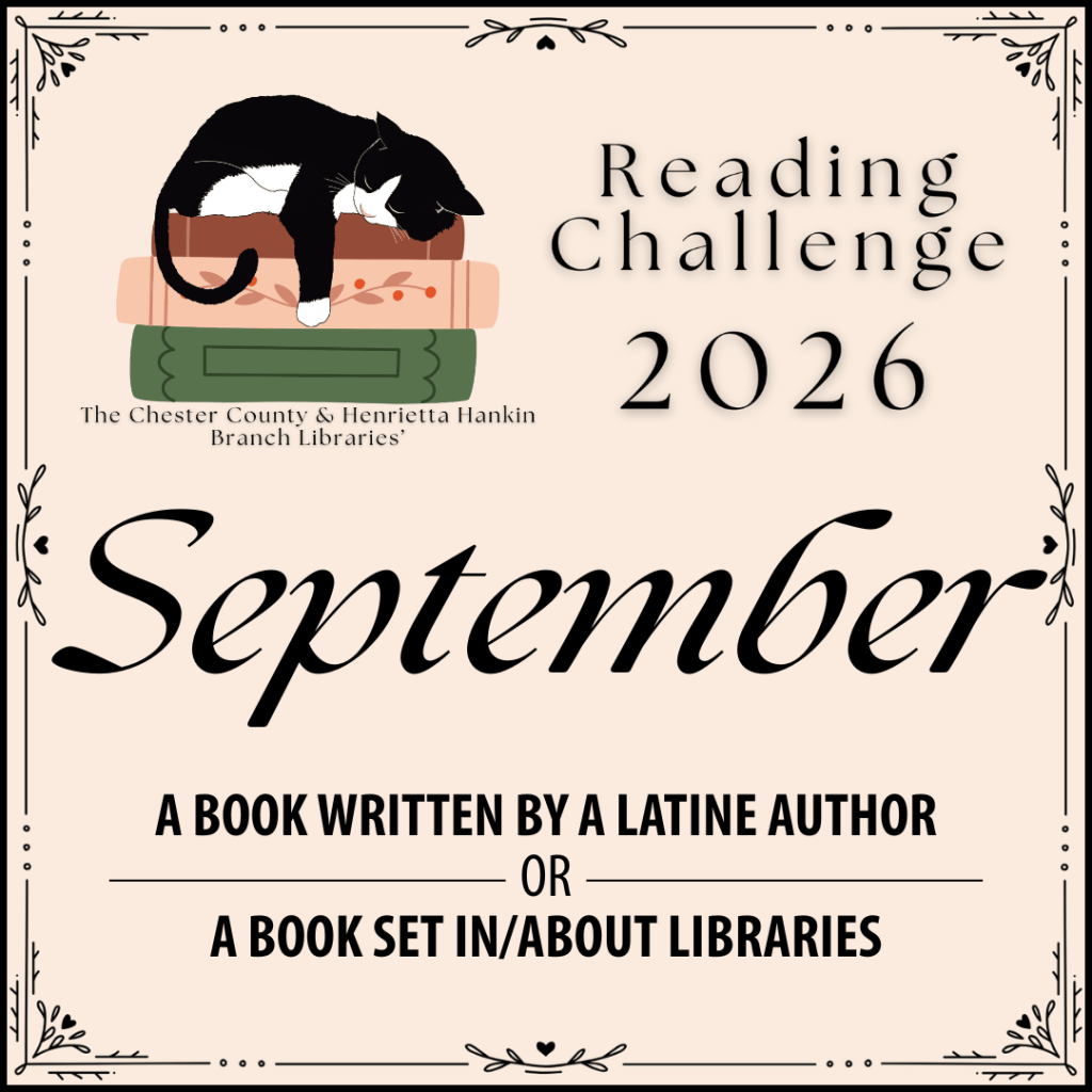 A stylized tan square with a graphic of a cat sleeping on a pile of books and the text "Reading Challenge 2026, September: A book written by a Latine author OR A book set in/about libraries" written on it.
